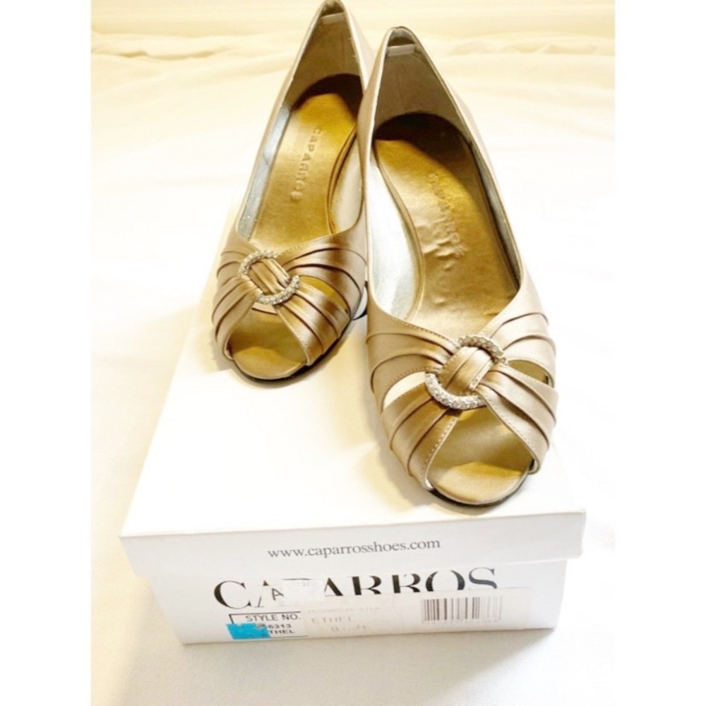 Caparros Taupe Mushroom Silk Ethel Open Toe Rhinestone Heels, Size 8 1/2